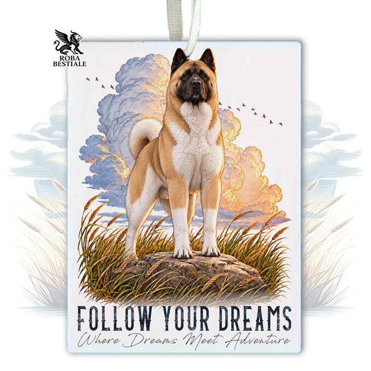 Car Air Freshener QUOTES "DREAM" - Fawn White AMERICAN AKITA - Felt, with cord - 7.5 x 10 cm