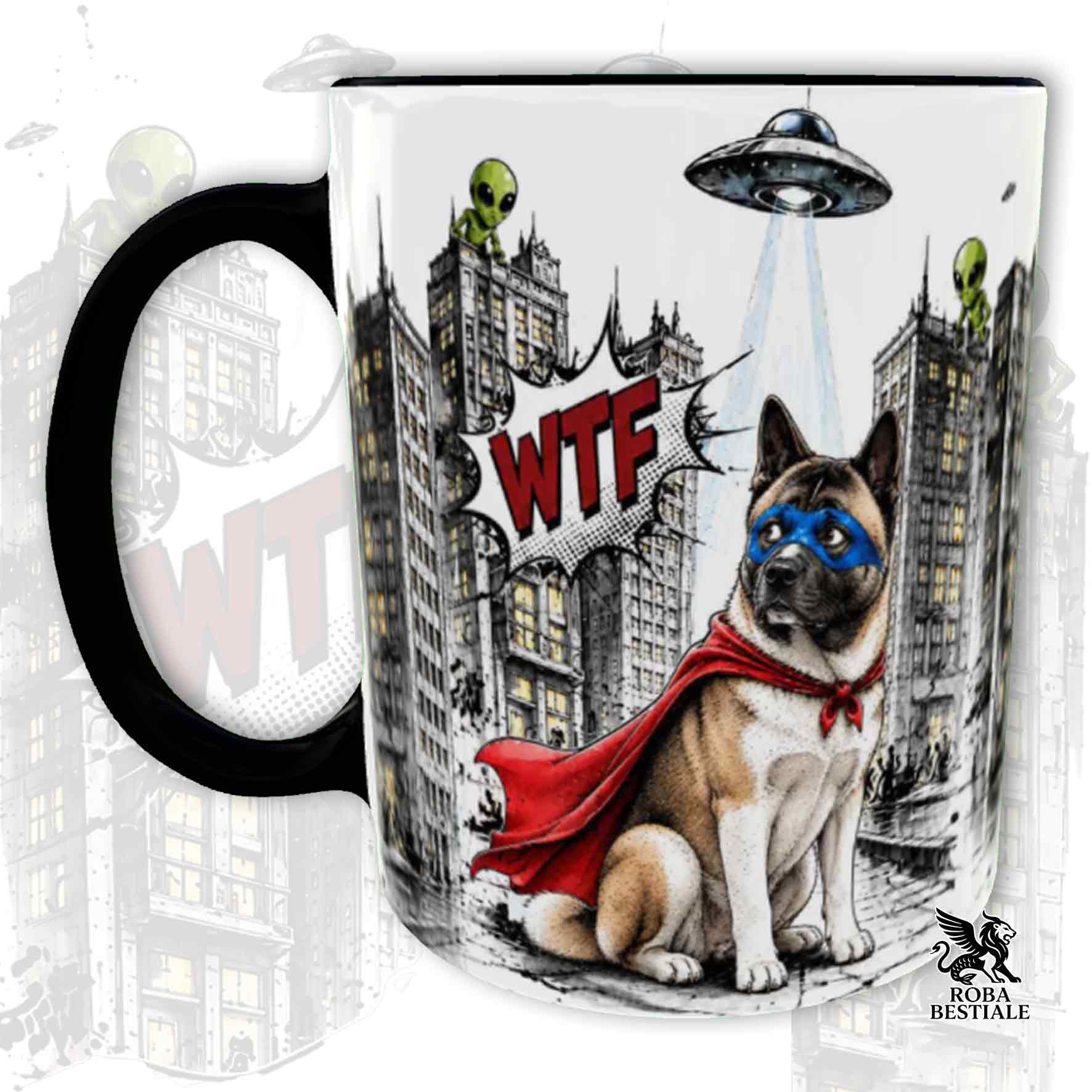 Tazza nera stampata con un Akita Americano con espressione sorpresa, vestito da Super Eroe. Grafica originale Roba Bestiale, collezione Hero