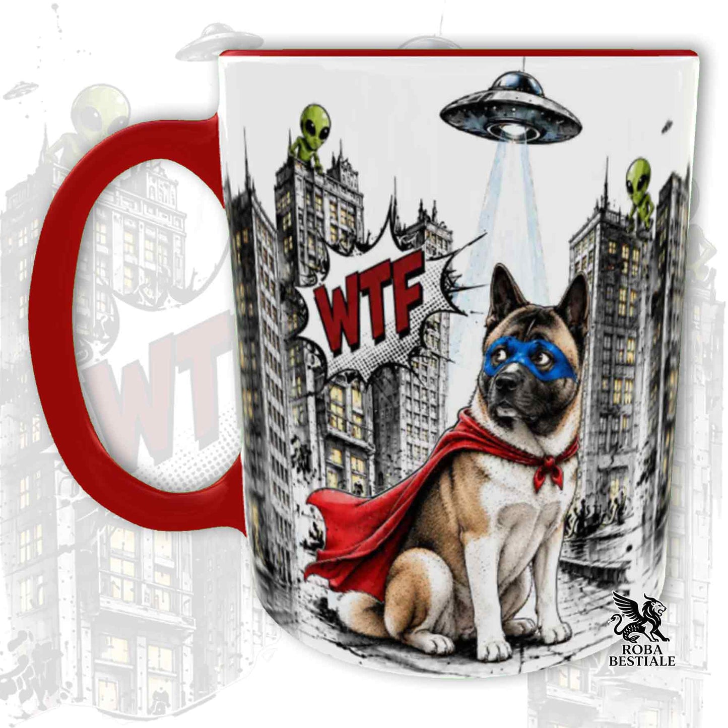 Tazza rossa stampata con un Akita Americano con espressione sorpresa, vestito da Super Eroe. Grafica originale Roba Bestiale, collezione Hero
