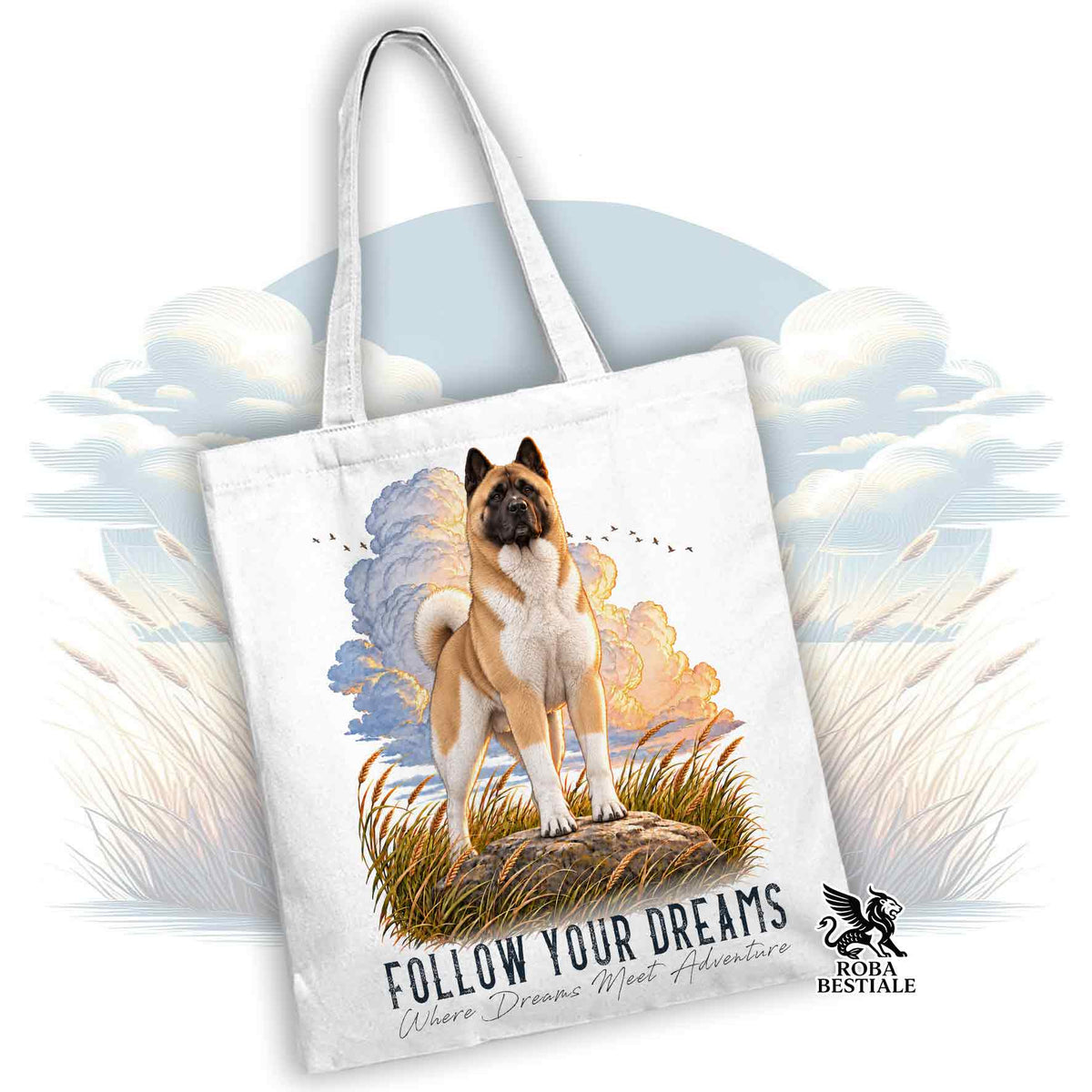 Sac fourre-tout citations "RÊVE" - AKITA AMÉRICAIN Blanc Fauve - Plusieurs couleurs disponibles, 100% Coton