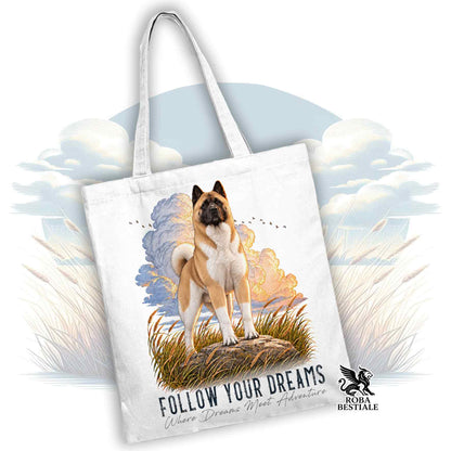 Sac fourre-tout citations "RÊVE" - AKITA AMÉRICAIN Blanc Fauve - Plusieurs couleurs disponibles, 100% Coton
