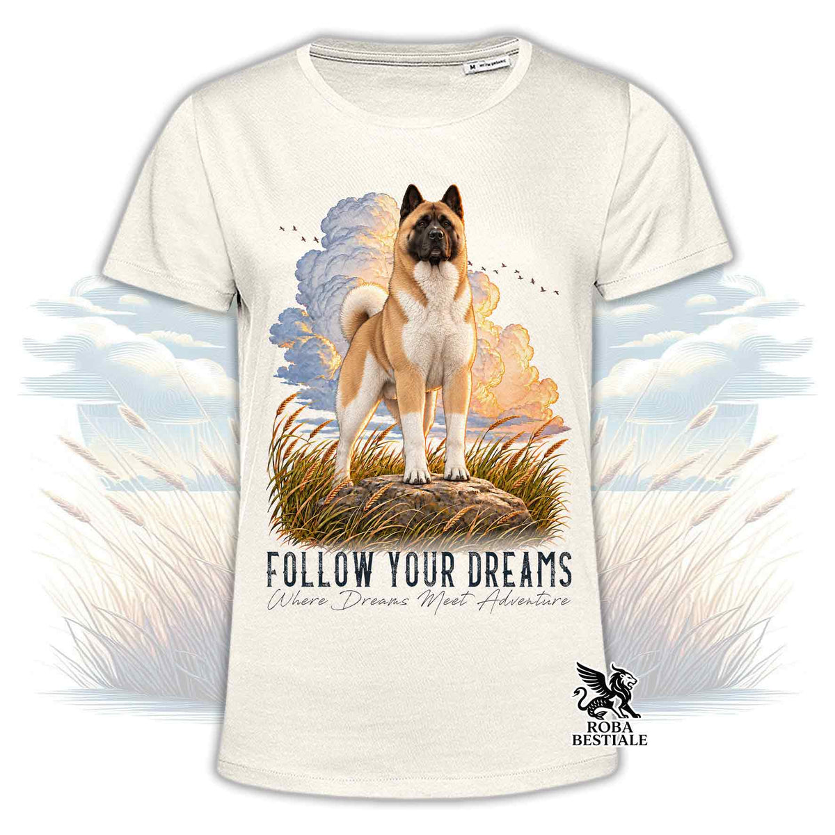 T-shirt beige stampata con un Akita Americano. Grafica originale Roba Bestiale, collezione Dream