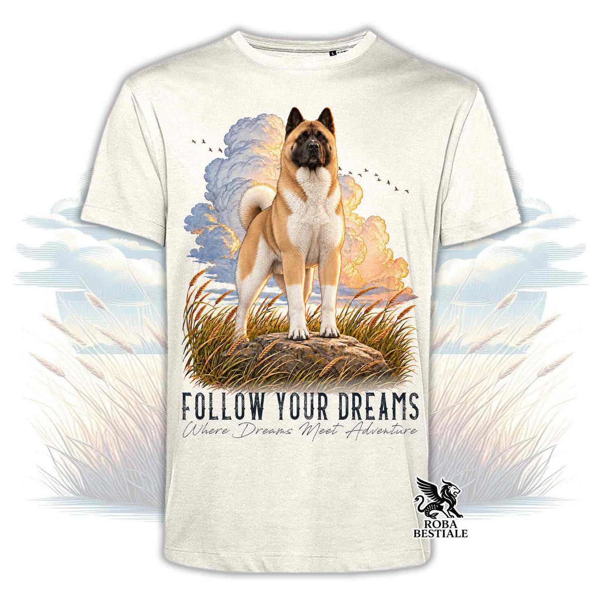 T-shirt beige stampata con un Akita Americano. Grafica originale Roba Bestiale, collezione Dream