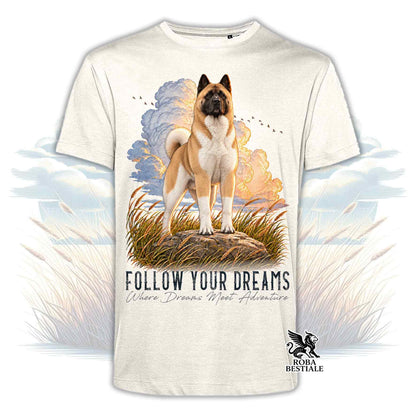 T-shirt beige stampata con un Akita Americano. Grafica originale Roba Bestiale, collezione Dream