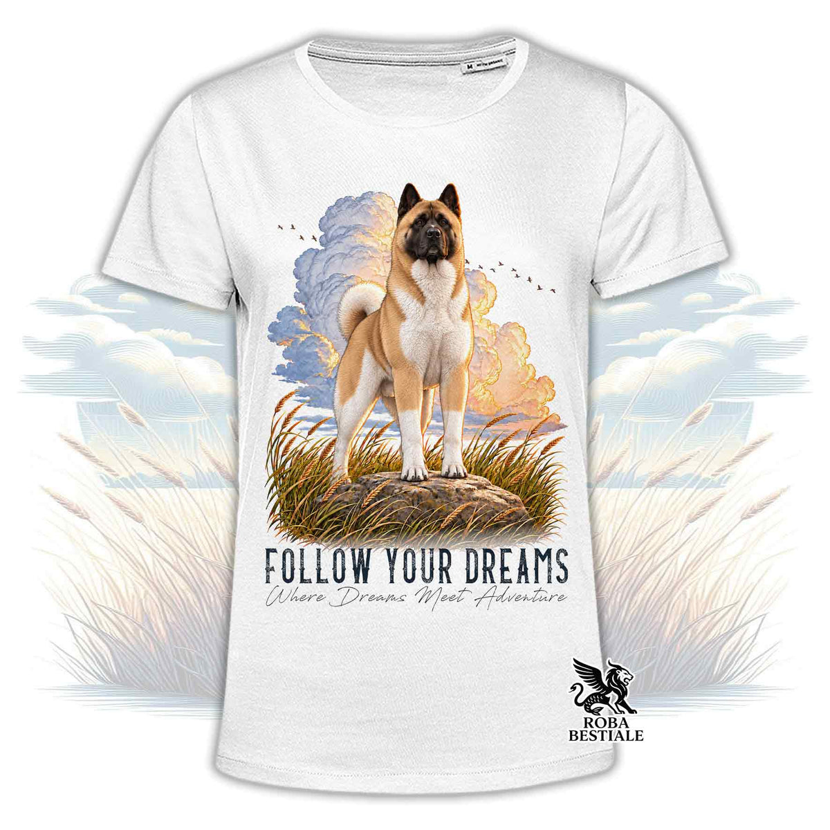 T-shirt bianca stampata con un Akita Americano. Grafica originale Roba Bestiale, collezione Dream
