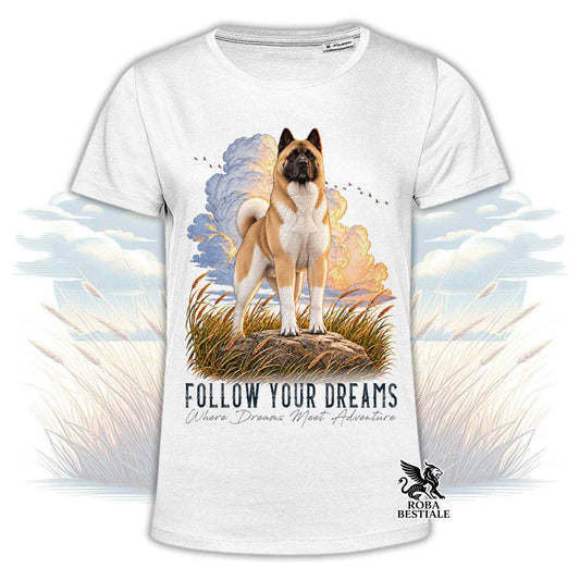 T-shirt bianca stampata con un Akita Americano. Grafica originale Roba Bestiale, collezione Dream
