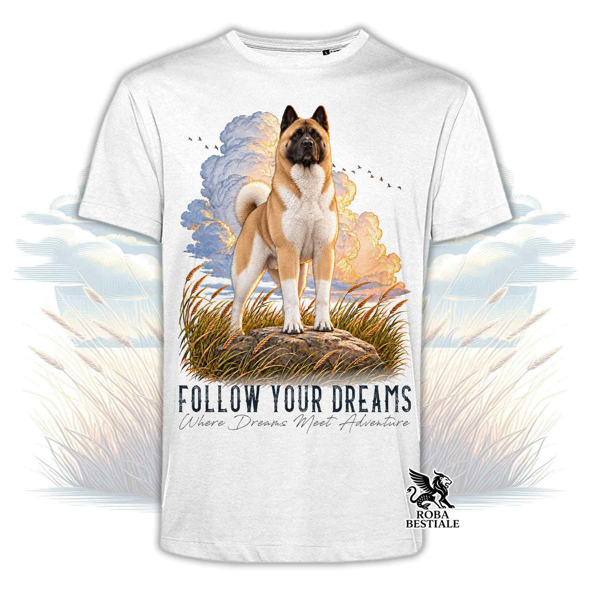T-shirt bianca stampata con un Akita Americano. Grafica originale Roba Bestiale, collezione Dream
