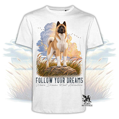 T-shirt bianca stampata con un Akita Americano. Grafica originale Roba Bestiale, collezione Dream