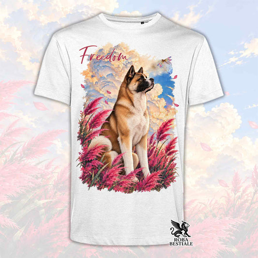 T-shirt girocollo bianca con grafica cane e scritta Freedom, logo Roba Bestiale in basso