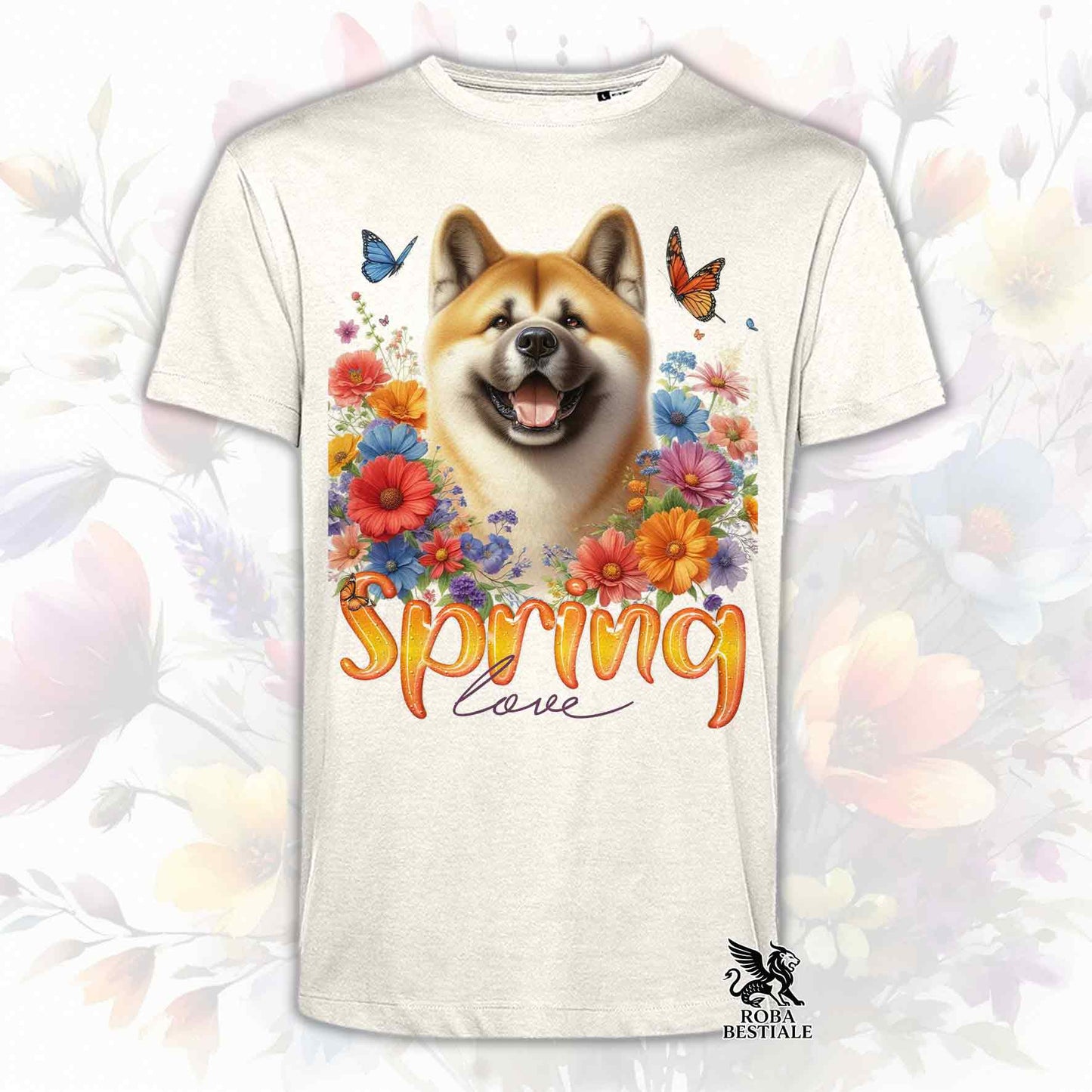 Una t-shirt beige stampata con un Akita Americano immerso nei fiori colorati. Collezione Spring Love di Roba Bestiale