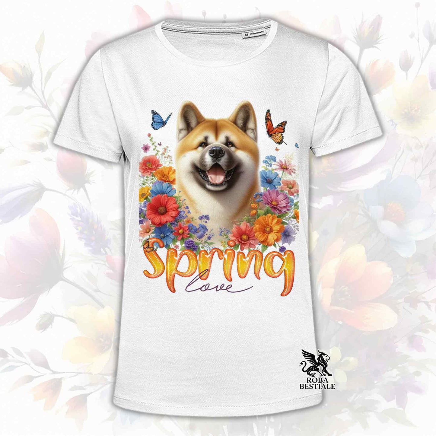 Una t-shirt bianca stampata con un Akita Americano immerso nei fiori colorati. Collezione Spring Love di Roba Bestiale
