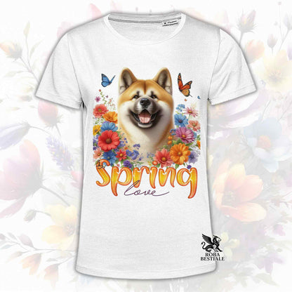Una t-shirt bianca stampata con un Akita Americano immerso nei fiori colorati. Collezione Spring Love di Roba Bestiale