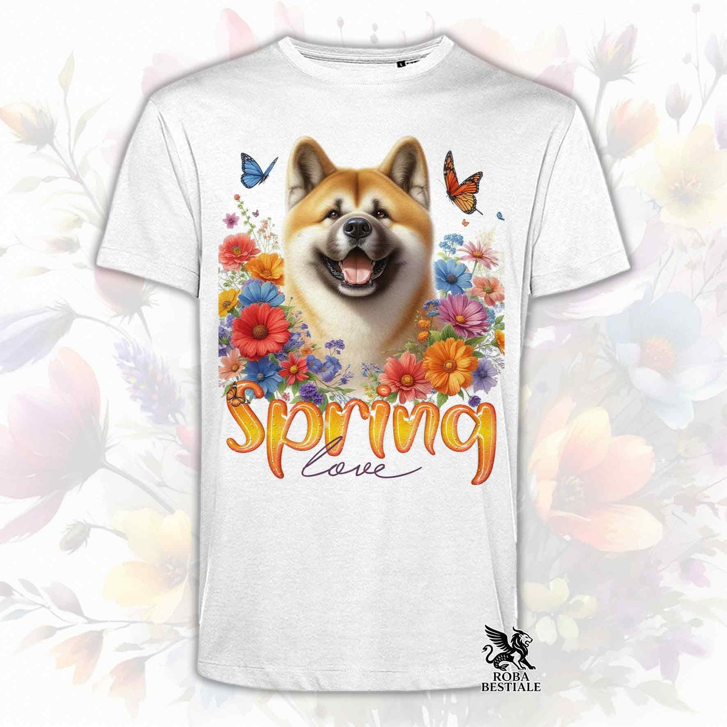 Una t-shirt bianca stampata con un Akita Americano immerso nei fiori colorati. Collezione Spring Love di Roba Bestiale