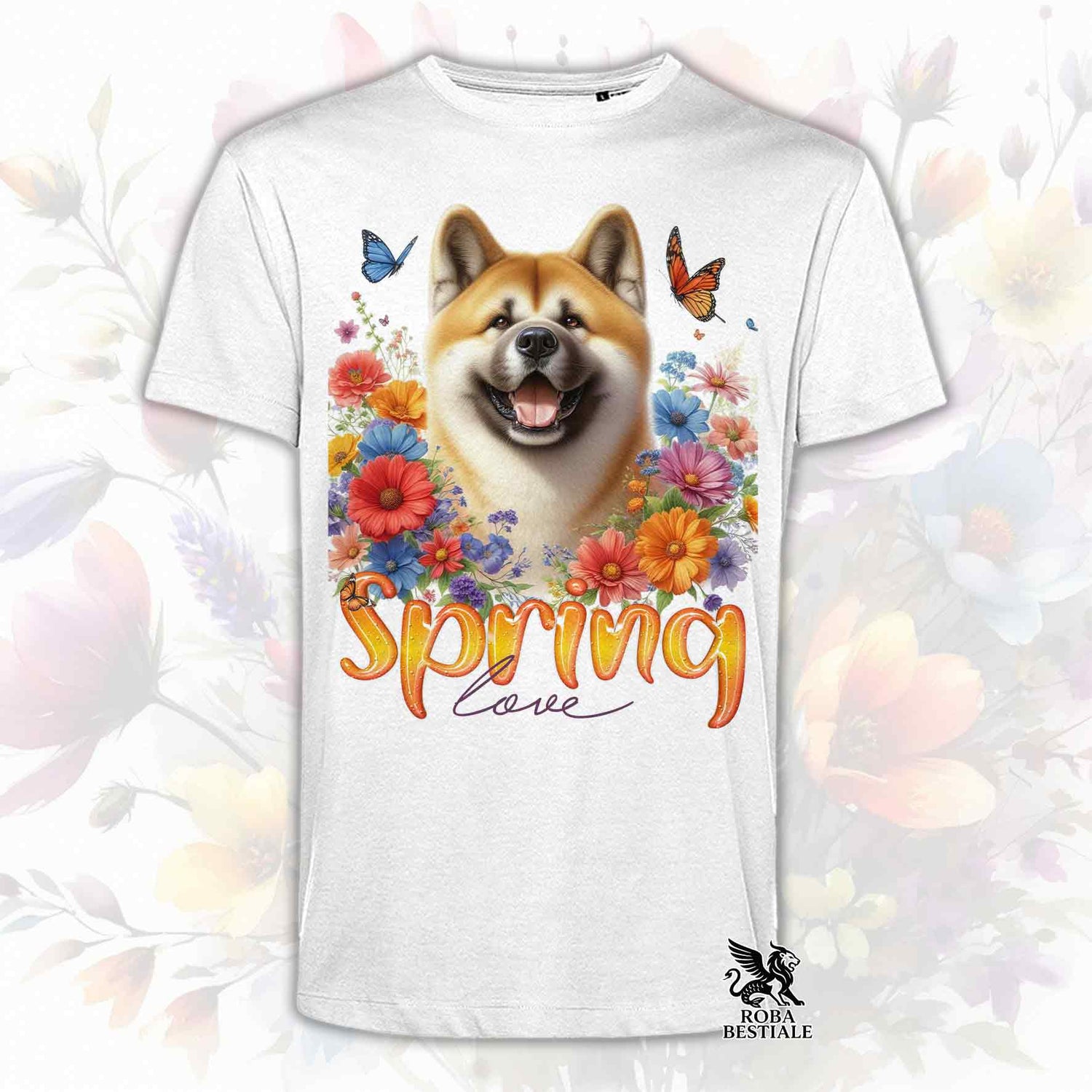 Una t-shirt bianca stampata con un Akita Americano immerso nei fiori colorati. Collezione Spring Love di Roba Bestiale