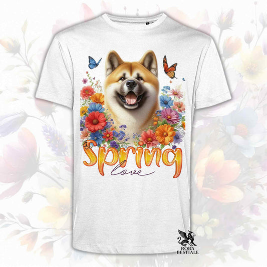 Una t-shirt bianca stampata con un Akita Americano immerso nei fiori colorati. Collezione Spring Love di Roba Bestiale