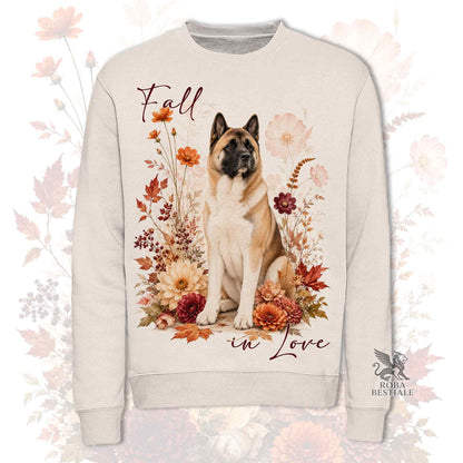 Felpa girocollo beige stampata con un Akita Americano seduto in mezzo a fiori e foglie autunnali. Grafica originale Roba Bestiale, collezione Fall in Love