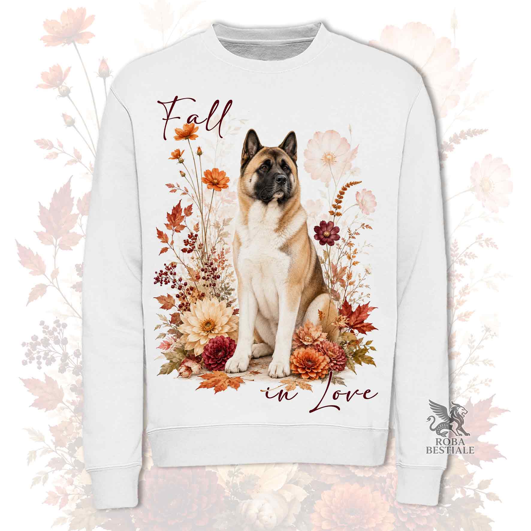 Felpa girocollo bianco stampata con un Akita Americano seduto in mezzo a fiori e foglie autunnali. Grafica originale Roba Bestiale, collezione Fall in Love