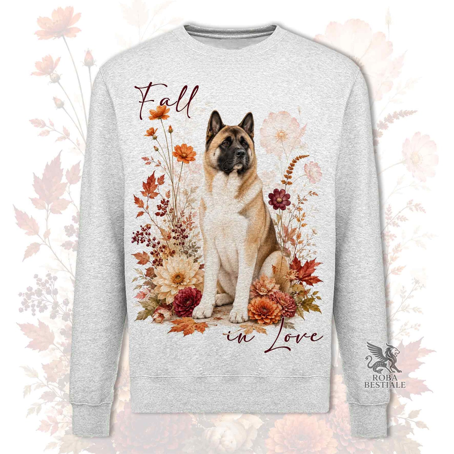 Felpa girocollo grigio stampata con un Akita Americano seduto in mezzo a fiori e foglie autunnali. Grafica originale Roba Bestiale, collezione Fall in Love