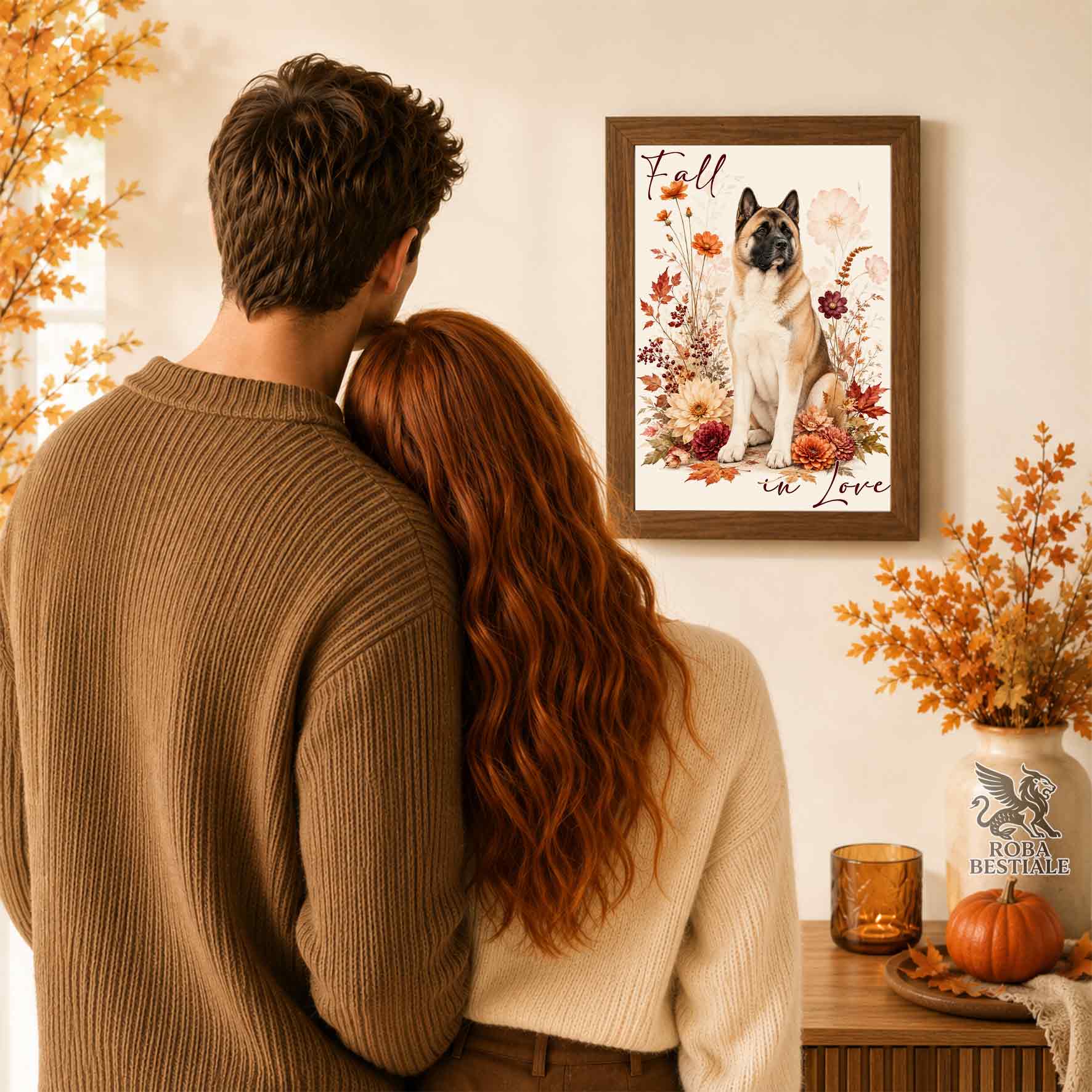 Quadretto con la stampa A4 di un Akita Americano seduto in mezzo a fiori e foglie autunnali. Grafica originale Roba Bestiale, collezione Fall in Love