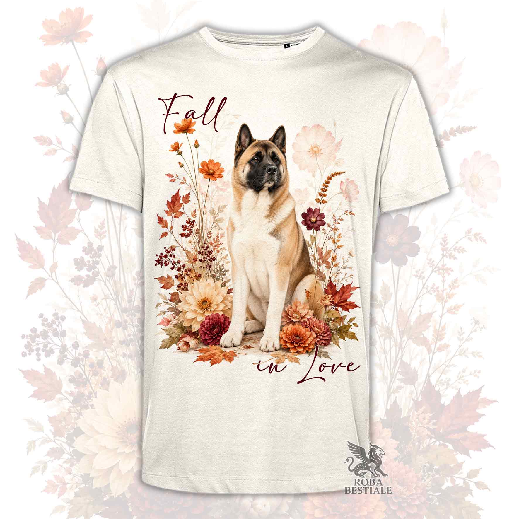 T-shirt beige stampata con un Akita Americano seduto in mezzo a fiori e foglie autunnali. Grafica originale Roba Bestiale, collezione Fall