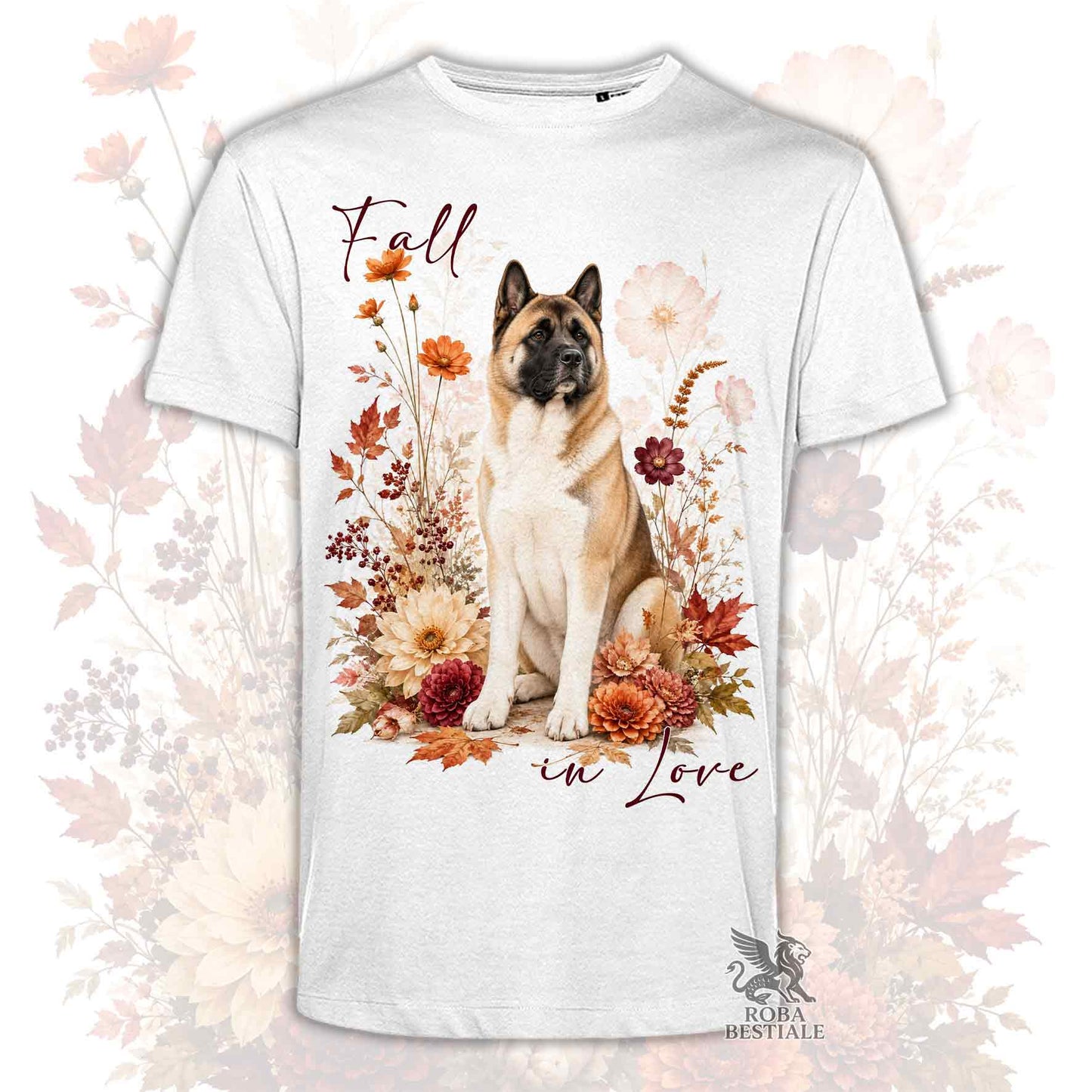 T-shirt bianca stampata con un Akita Americano seduto in mezzo a fiori e foglie autunnali. Grafica originale Roba Bestiale, collezione Fall