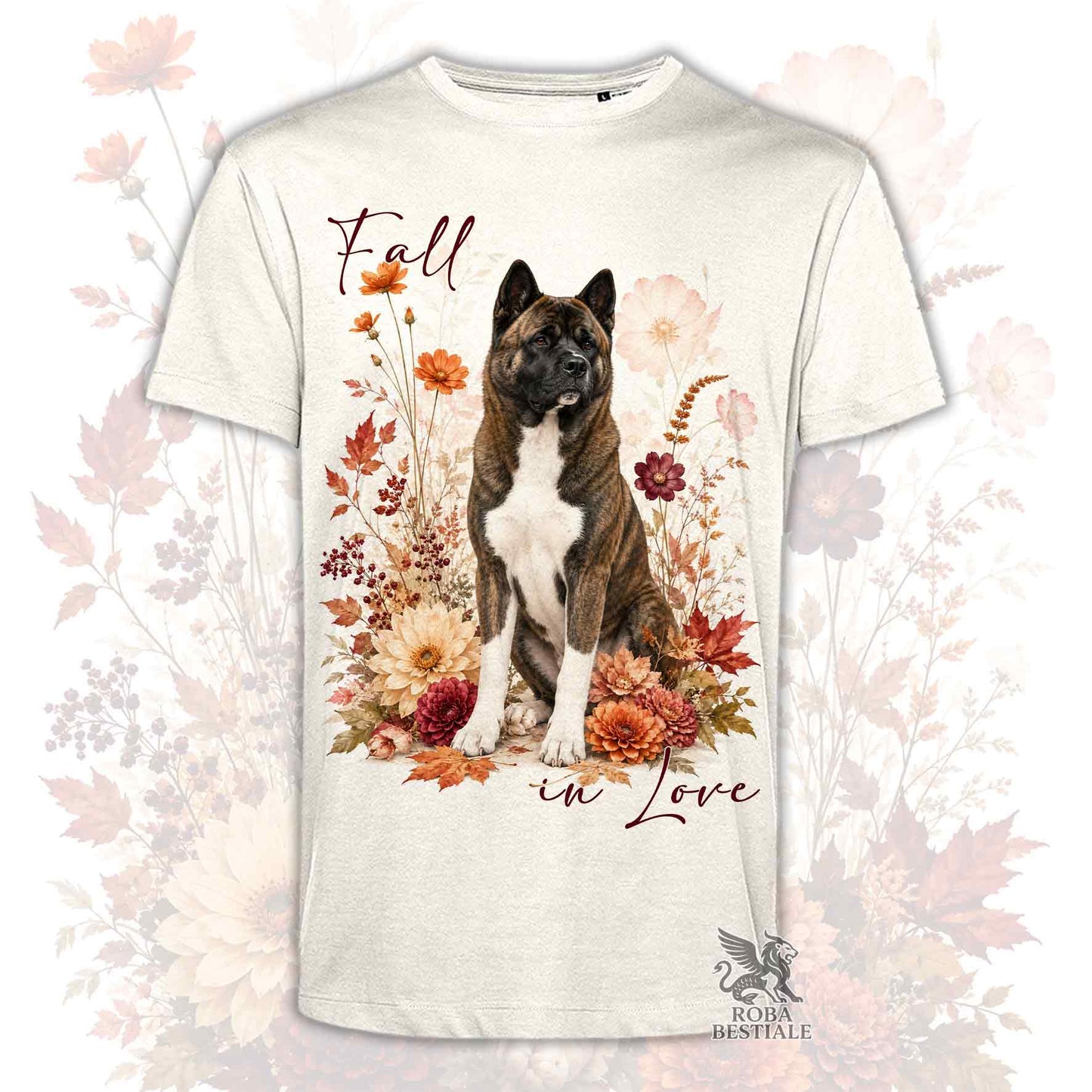 T-shirt beige stampata con un Akita Americano seduto in mezzo a fiori e foglie autunnali. Grafica originale Roba Bestiale, collezione Fall