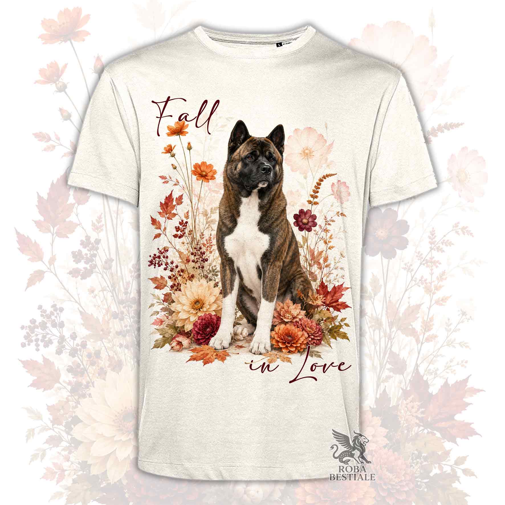 T-shirt beige stampata con un Akita Americano seduto in mezzo a fiori e foglie autunnali. Grafica originale Roba Bestiale, collezione Fall