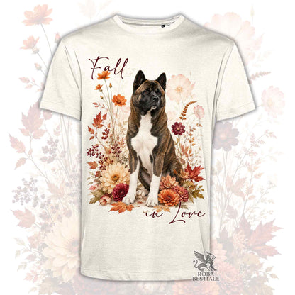 T-shirt beige stampata con un Akita Americano seduto in mezzo a fiori e foglie autunnali. Grafica originale Roba Bestiale, collezione Fall