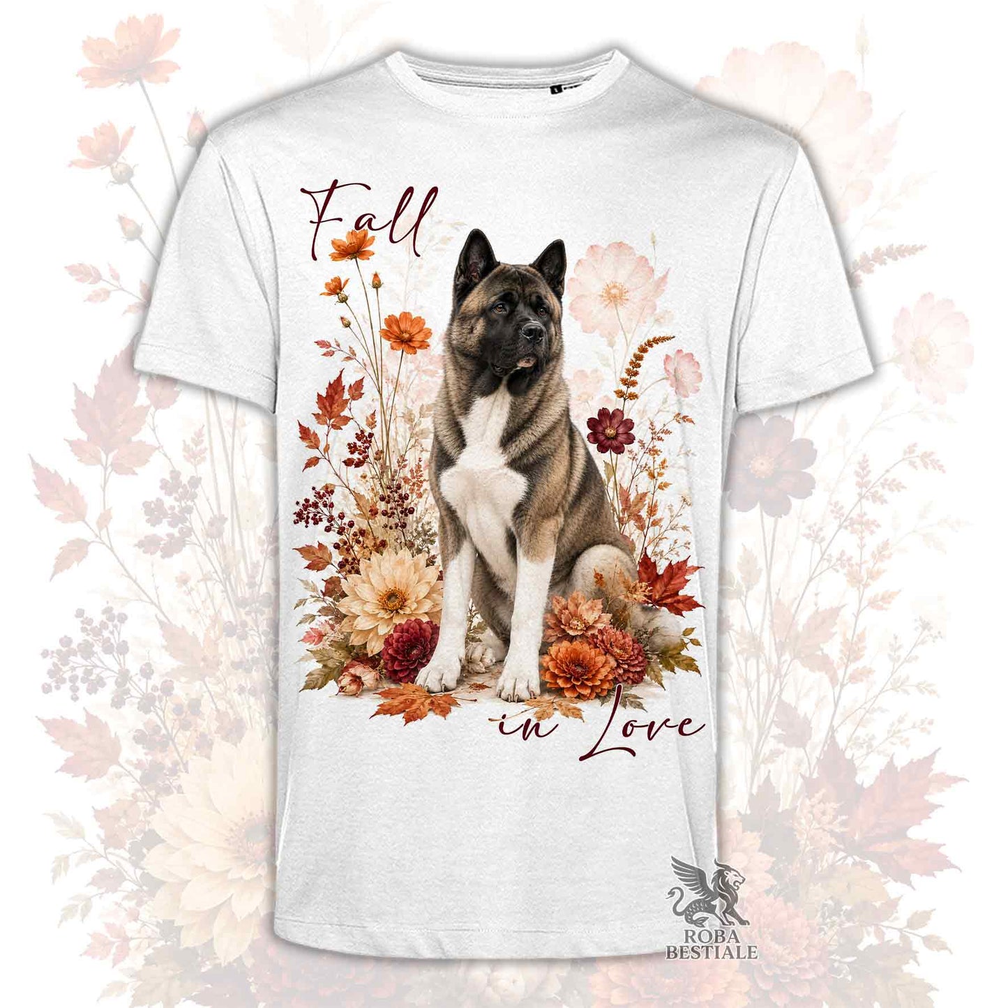 T-shirt bianca stampata con un Akita Americano seduto in mezzo a fiori e foglie autunnali. Grafica originale Roba Bestiale, collezione Fall