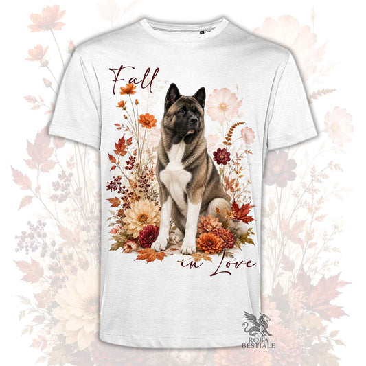 T-shirt bianca stampata con un Akita Americano seduto in mezzo a fiori e foglie autunnali. Grafica originale Roba Bestiale, collezione Fall