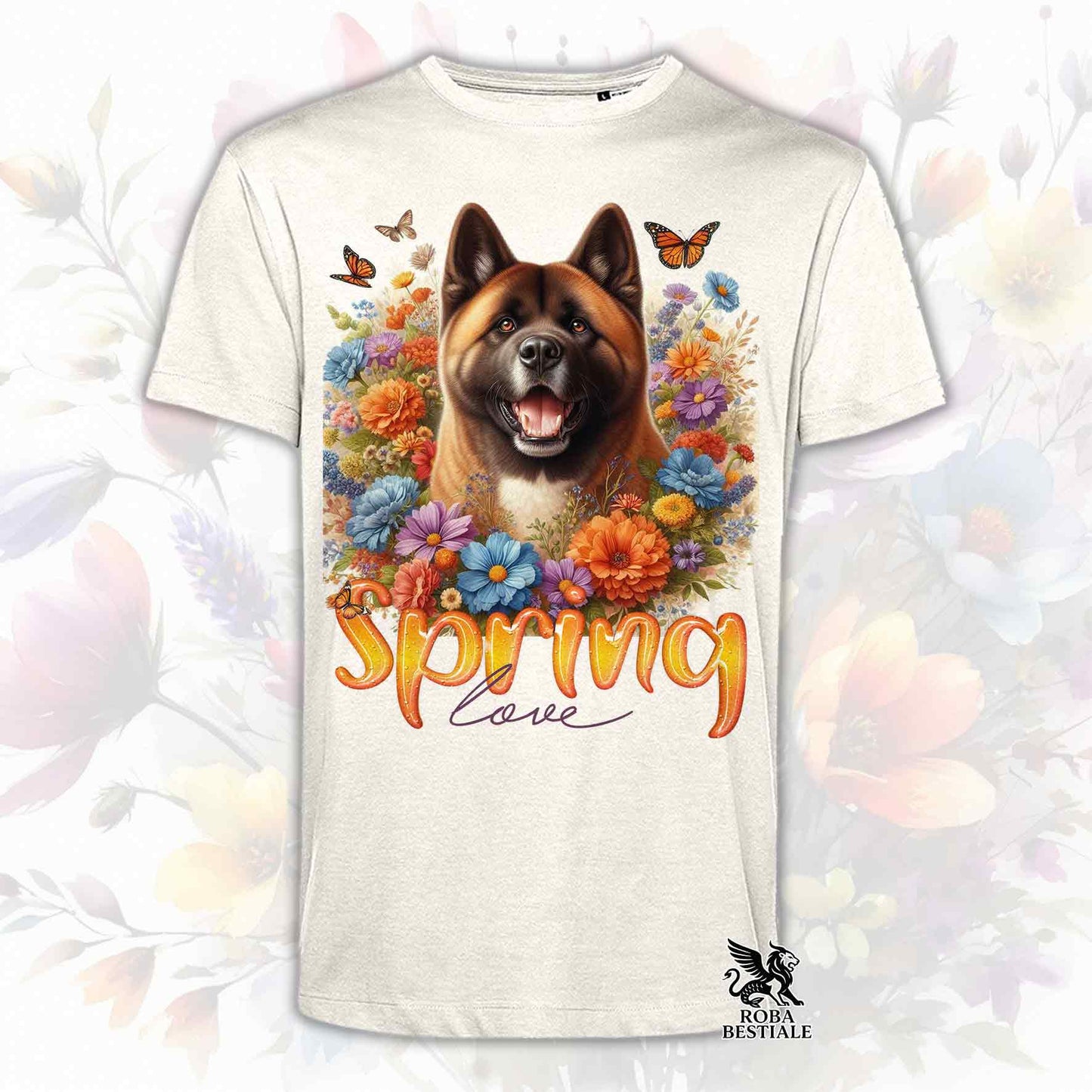 Una t-shirt beige stampata con un Akita Americano immerso nei fiori colorati. Collezione Spring Love di Roba Bestiale