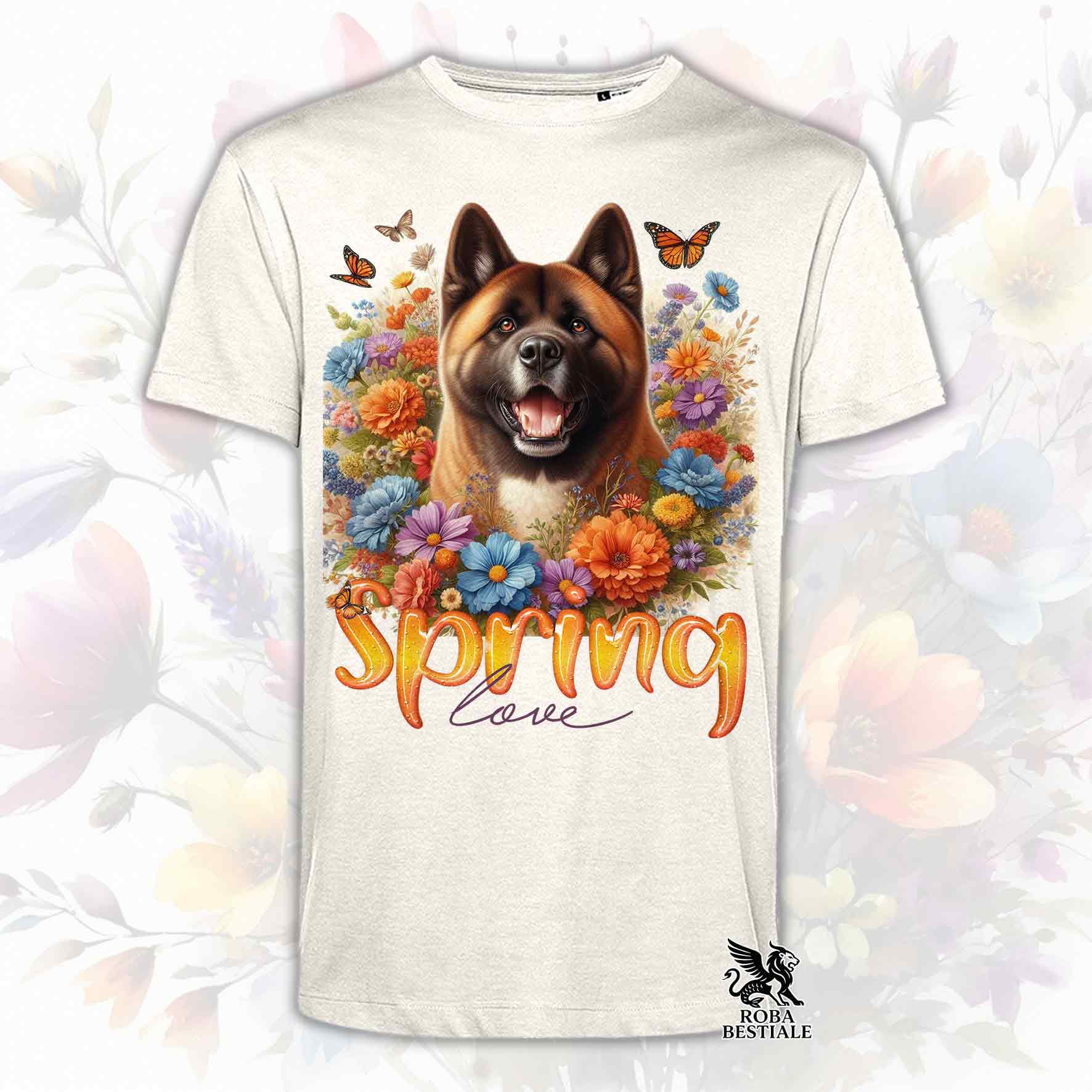 Una t-shirt beige stampata con un Akita Americano immerso nei fiori colorati. Collezione Spring Love di Roba Bestiale