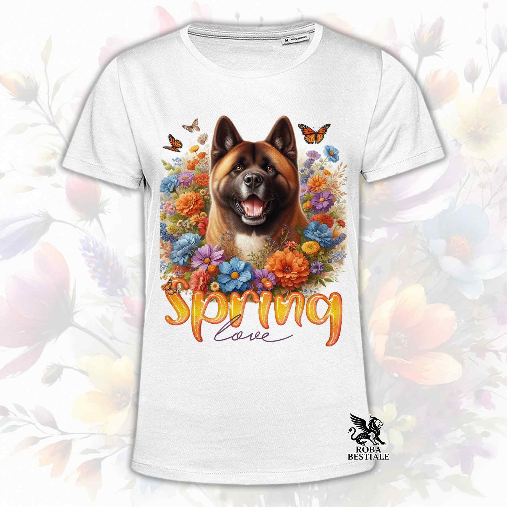 Una t-shirt bianca stampata con un Akita Americano immerso nei fiori colorati. Collezione Spring Love di Roba Bestiale
