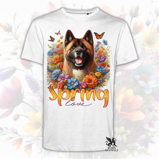 Una t-shirt bianca stampata con un Akita Americano immerso nei fiori colorati. Collezione Spring Love di Roba Bestiale