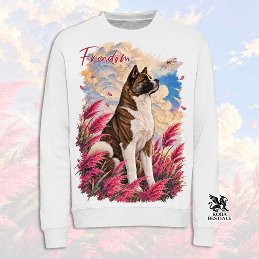 Felpa girocollo bianca con stampa gatto e fiori colorati, scritta Freedom
