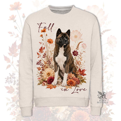 Felpa girocollo beige stampata con un Akita Americano seduto in mezzo a fiori e foglie autunnali. Grafica originale Roba Bestiale, collezione Fall in Love