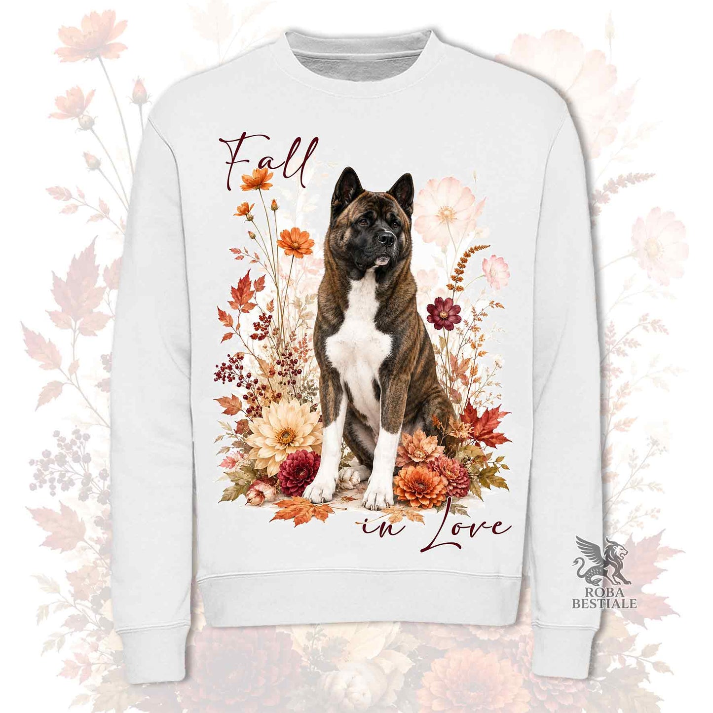 Felpa girocollo bianco stampata con un Akita Americano seduto in mezzo a fiori e foglie autunnali. Grafica originale Roba Bestiale, collezione Fall in Love