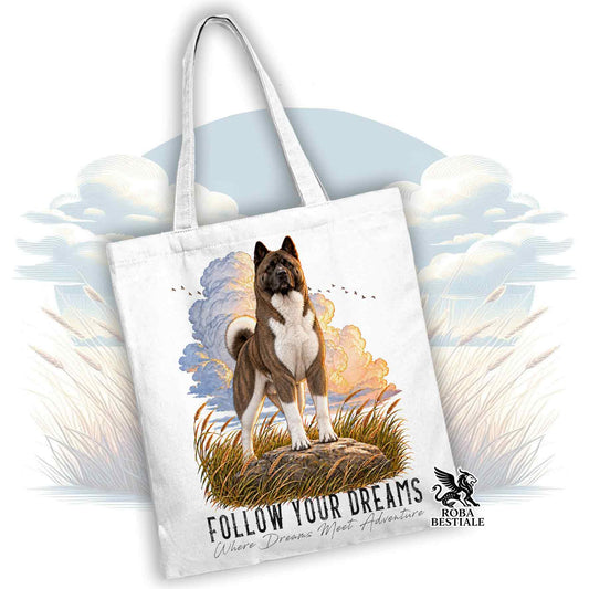 Shopper tote bianca con manici lunghi, stampa di cane tigrato e scritta Follow Your Dreams.