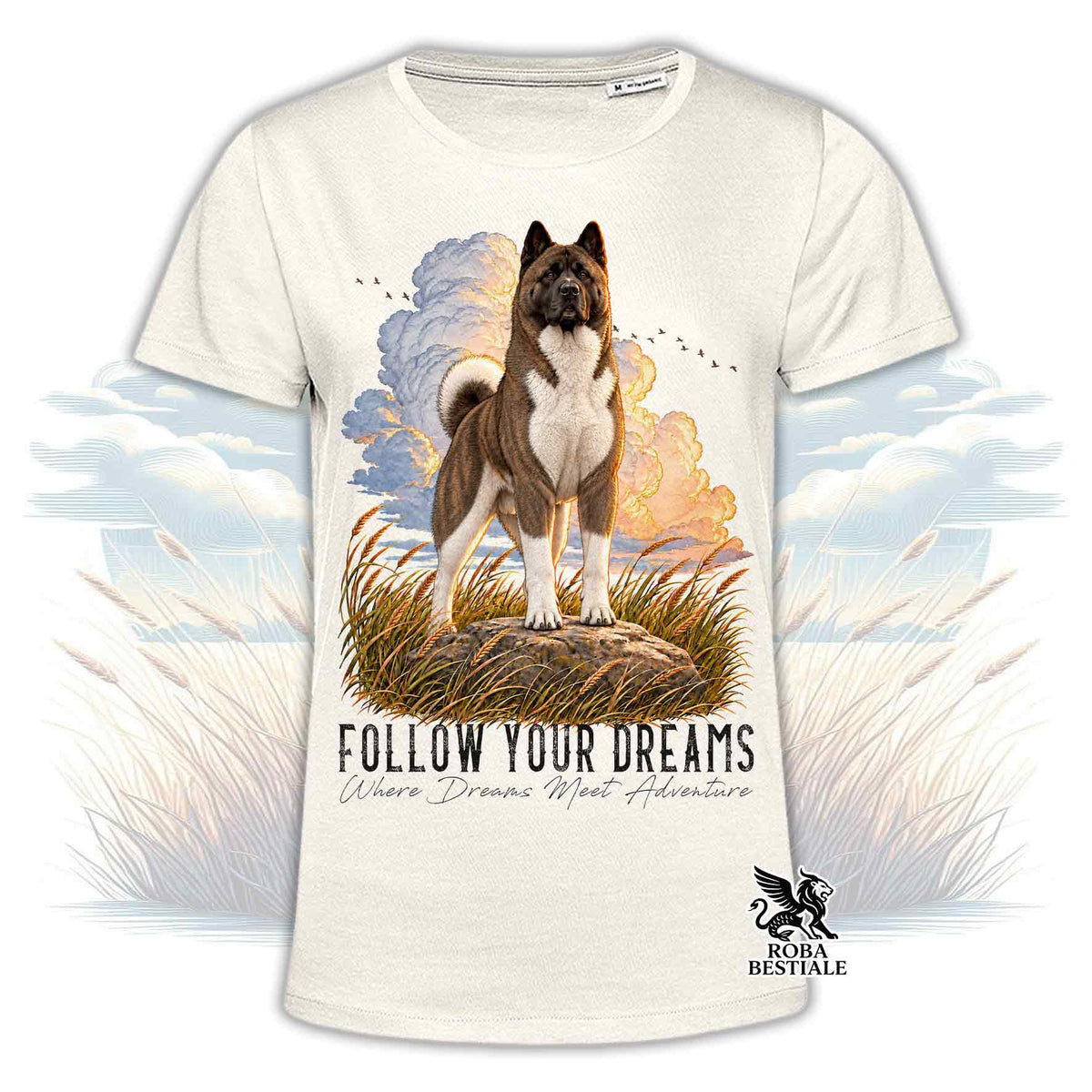 T-shirt bianca stampata con un Akita Americano. Grafica originale Roba Bestiale, collezione Dream