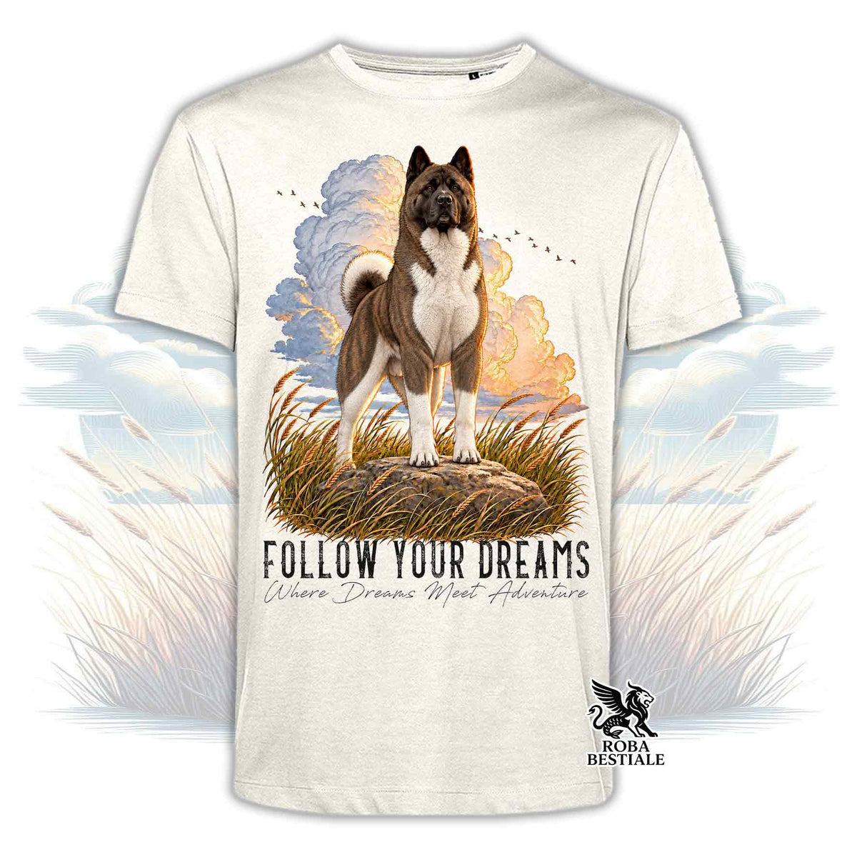 T-shirt bianca stampata con un Akita Americano. Grafica originale Roba Bestiale, collezione Dream