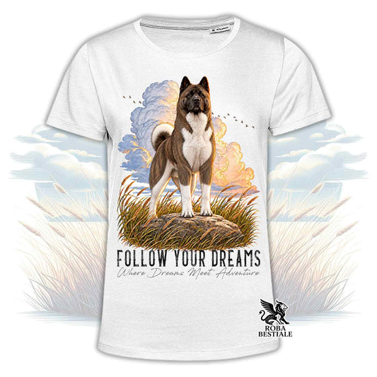 T-shirt bianca stampata con un Akita Americano. Grafica originale Roba Bestiale, collezione Dream