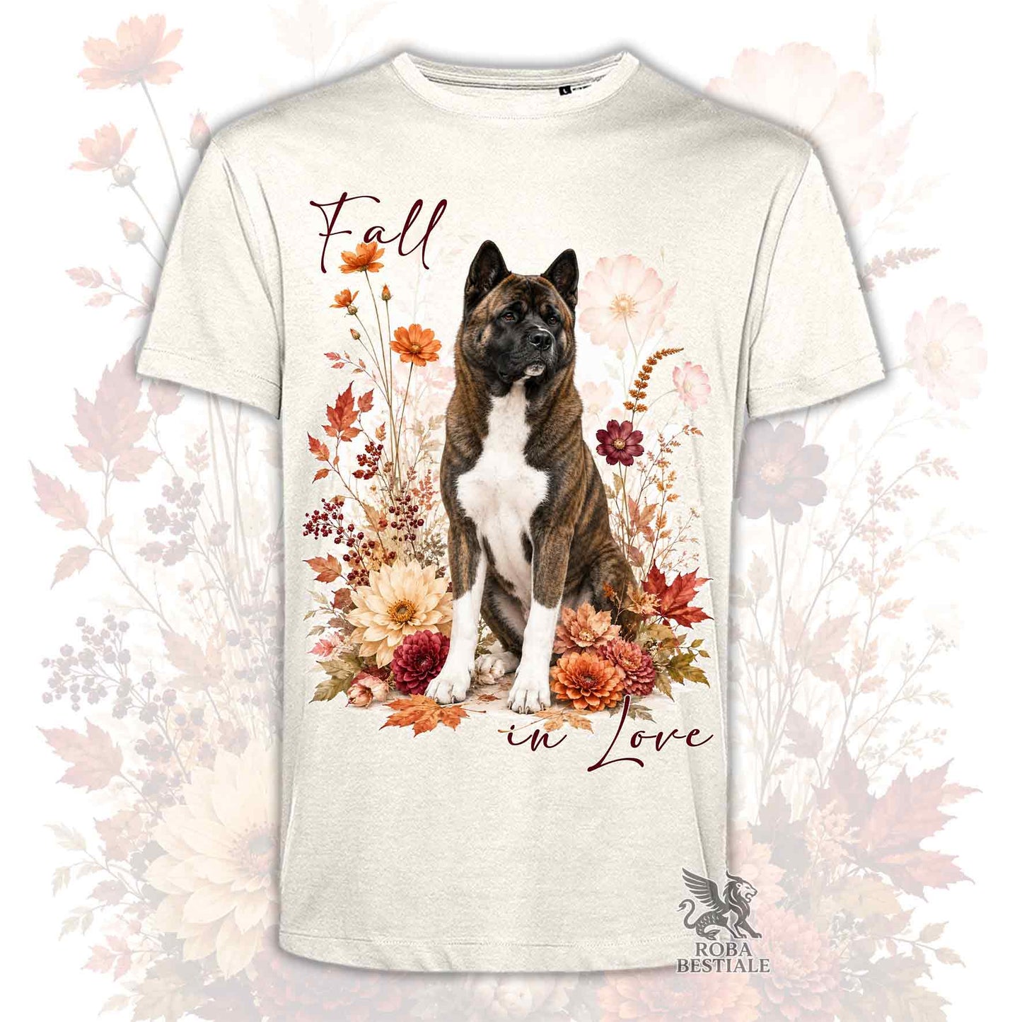 T-shirt beige stampata con un Akita Americano seduto in mezzo a fiori e foglie autunnali. Grafica originale Roba Bestiale, collezione Fall