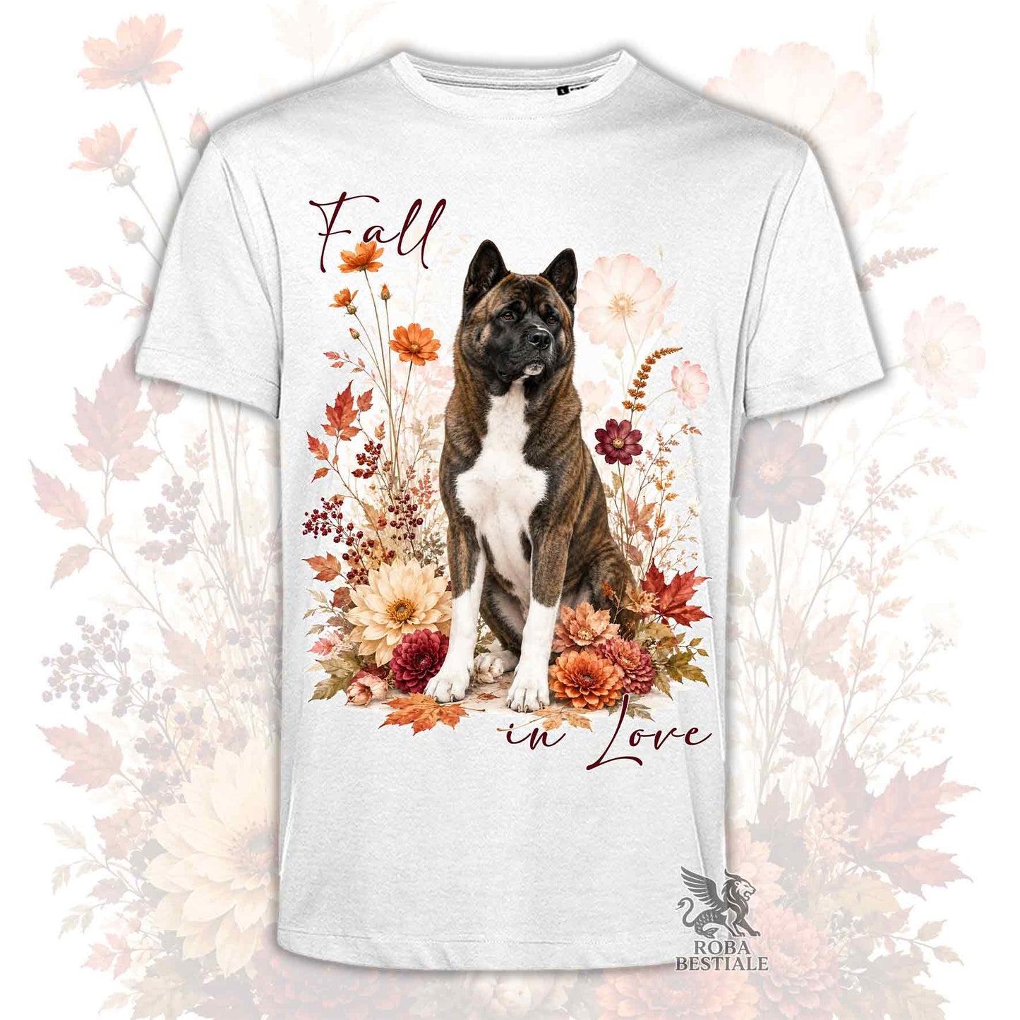T-shirt bianca stampata con un Akita Americano seduto in mezzo a fiori e foglie autunnali. Grafica originale Roba Bestiale, collezione Fall