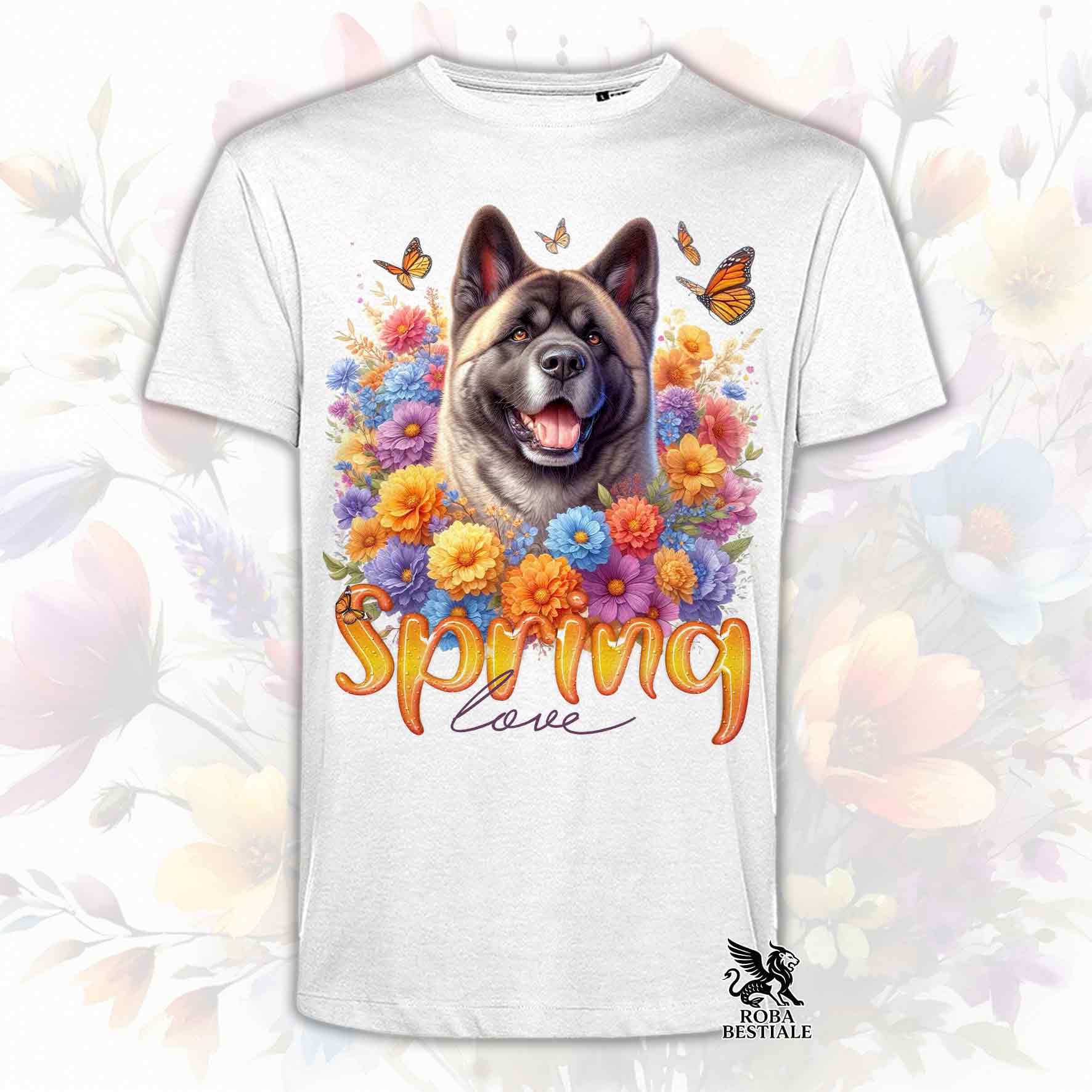 Una t-shirt bianca stampata con un Akita Americano immerso nei fiori colorati. Collezione Spring Love di Roba Bestiale