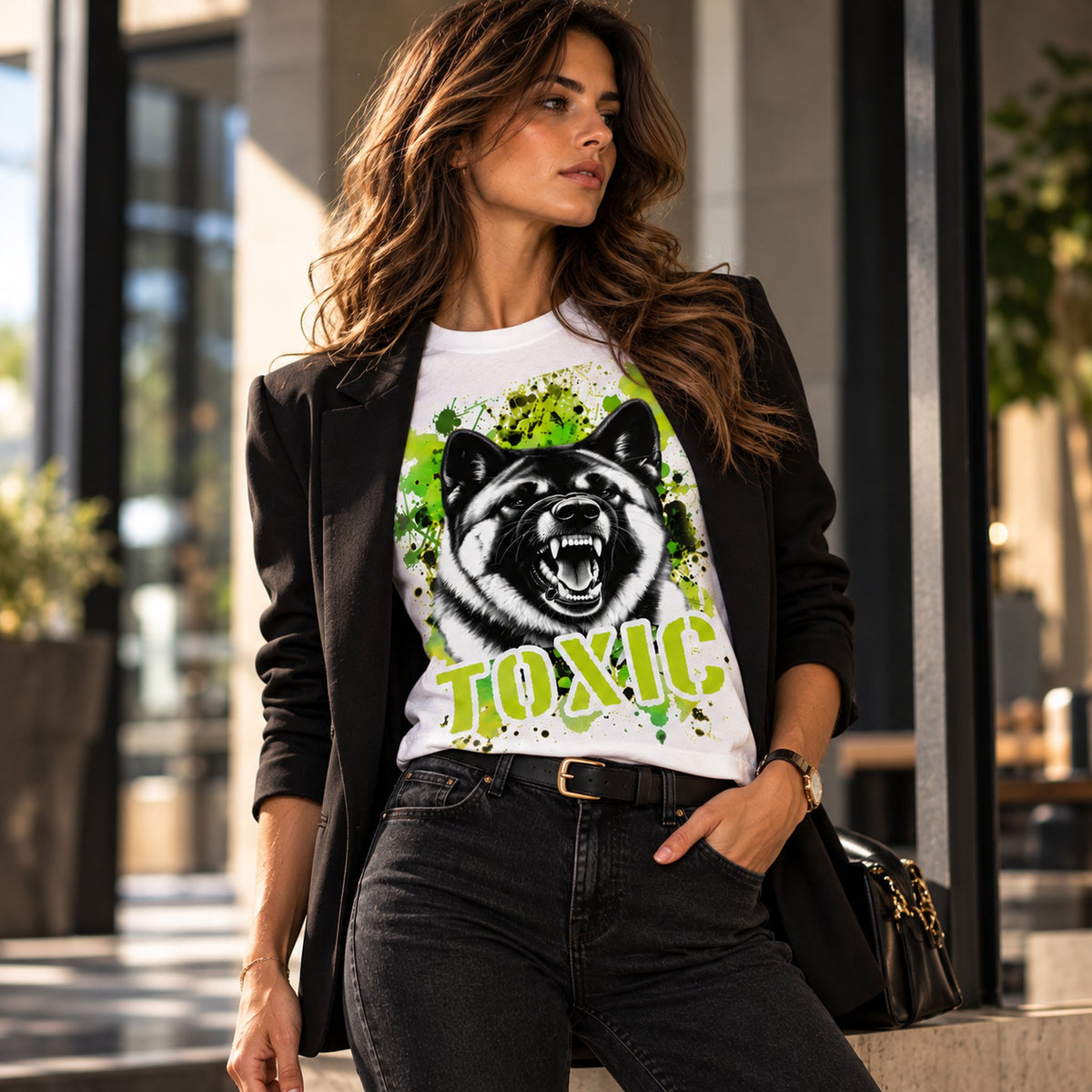 T-shirt bianca stampata con un Akita Americano con espressione arrabbiata. Grafica originale Roba Bestiale, collezione Toxic