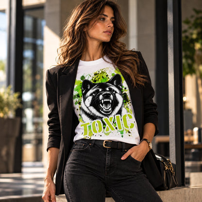T-shirt bianca stampata con un Akita Americano con espressione arrabbiata. Grafica originale Roba Bestiale, collezione Toxic
