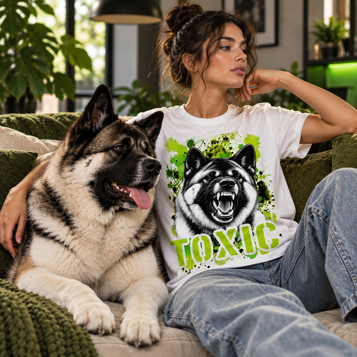 T-shirt bianca stampata con un Akita Americano con espressione arrabbiata. Grafica originale Roba Bestiale, collezione Toxic