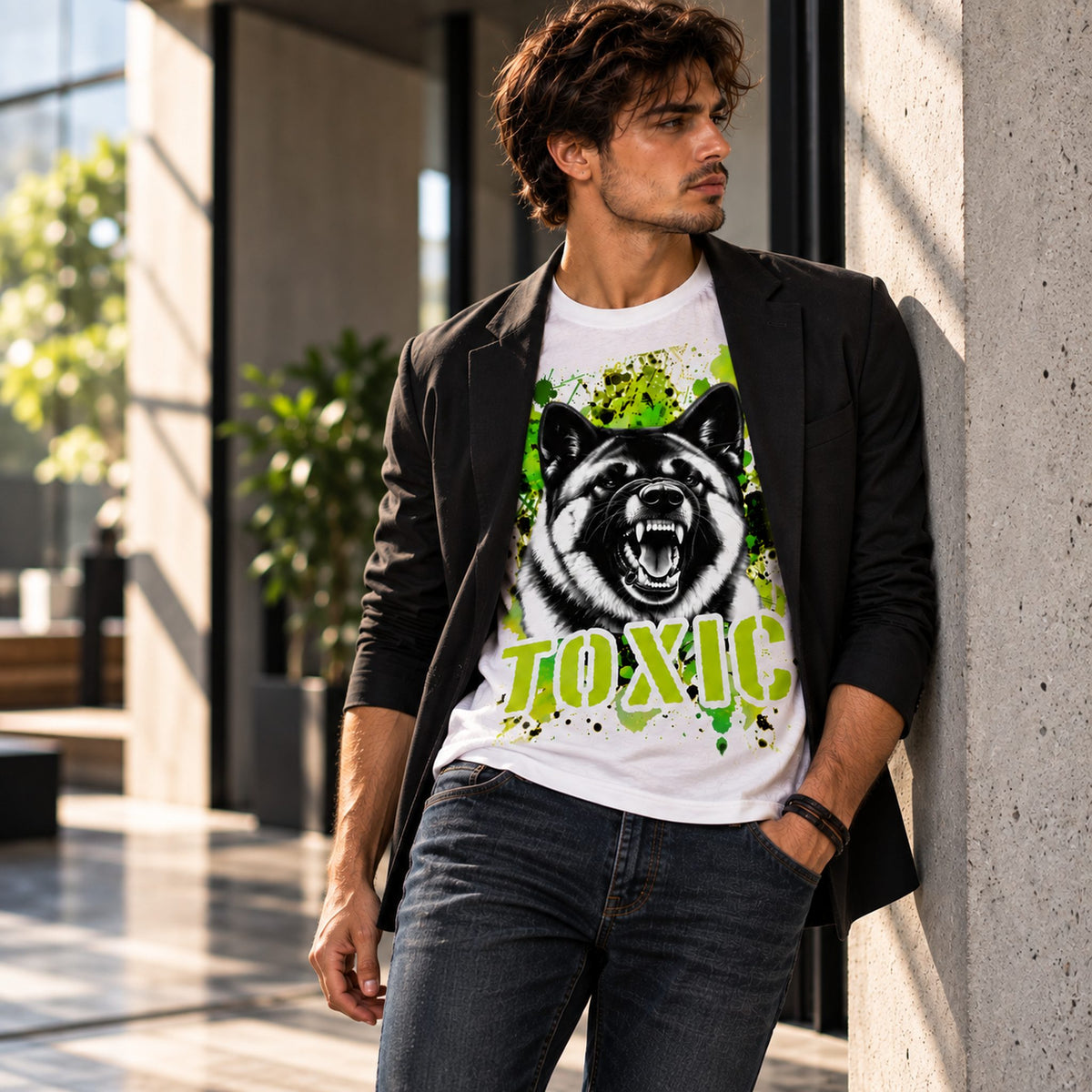 T-shirt bianca stampata con un Akita Americano con espressione arrabbiata. Grafica originale Roba Bestiale, collezione Toxic