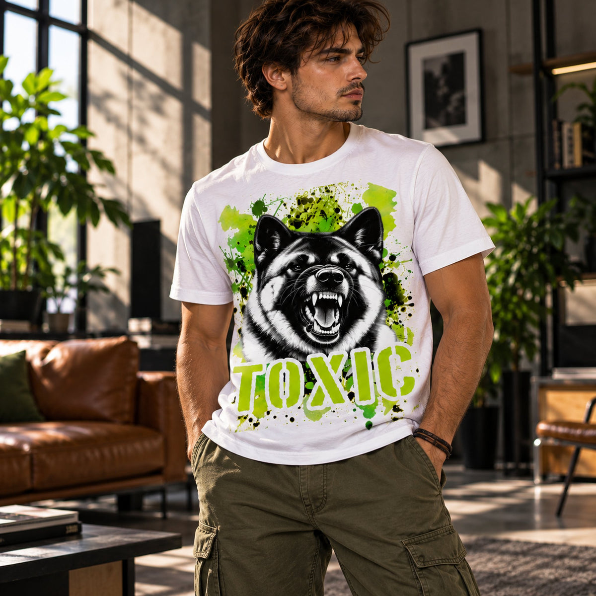 T-shirt bianca stampata con un Akita Americano con espressione arrabbiata. Grafica originale Roba Bestiale, collezione Toxic