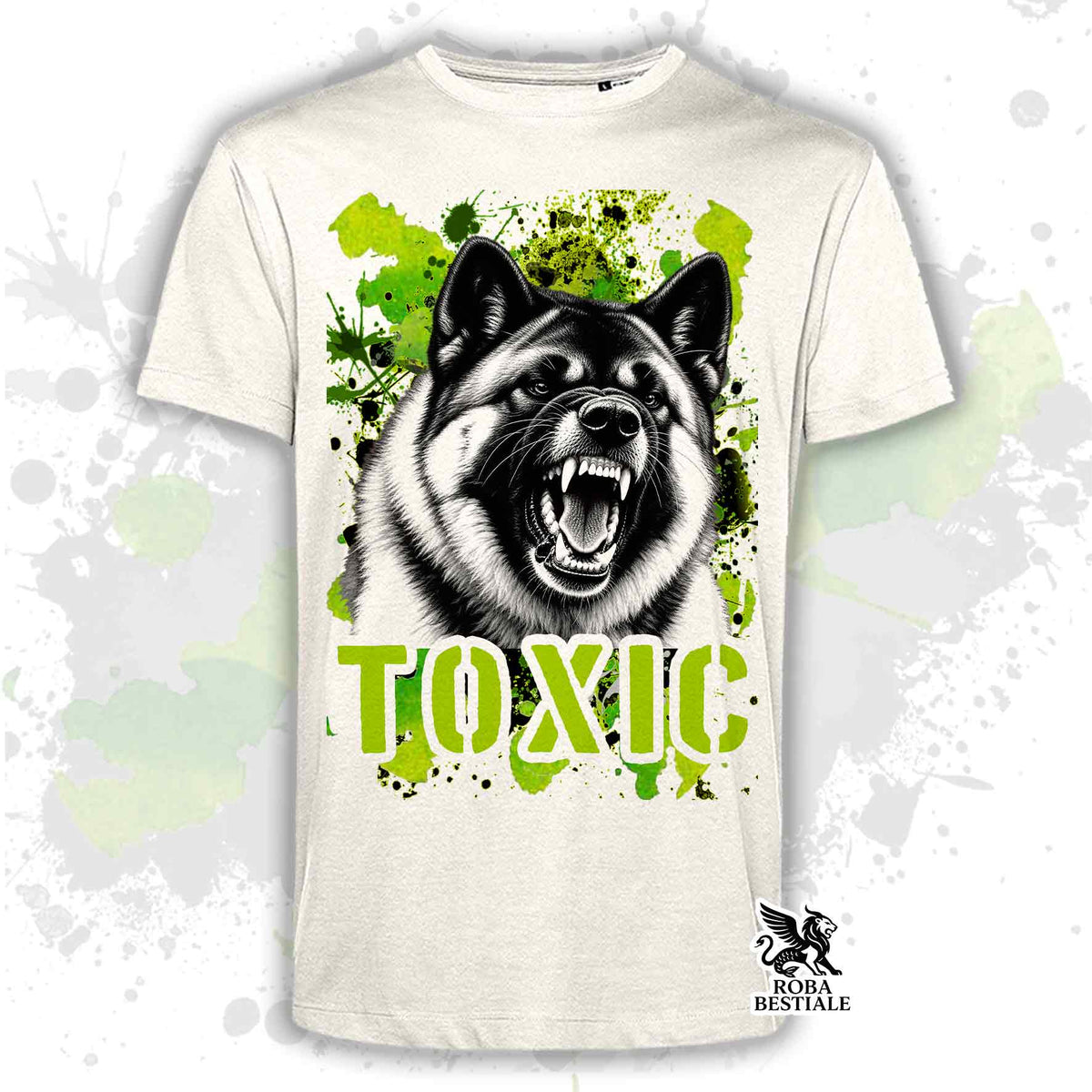 T-shirt bianca stampata con un Akita Americano con espressione arrabbiata. Grafica originale Roba Bestiale, collezione Toxic